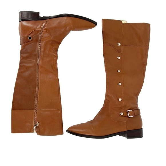 Michael Kors Tan Leather Riding Boots Knee High Zip Low Heel Size 10M Almond Toe - Picture 4 of 12